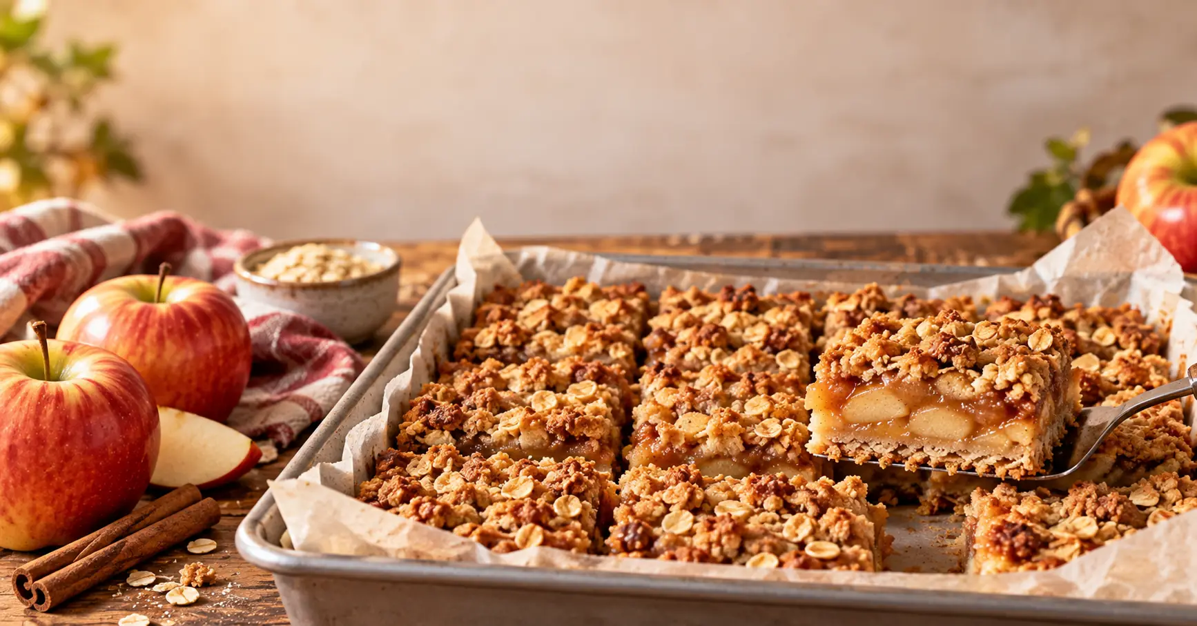 Cinnamon apple crisp bars in a baking pan ready to serve for fall