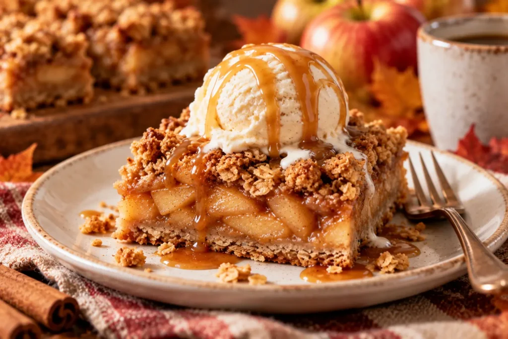 Cinnamon apple crisp bar plated with vanilla ice cream and caramel drizzle