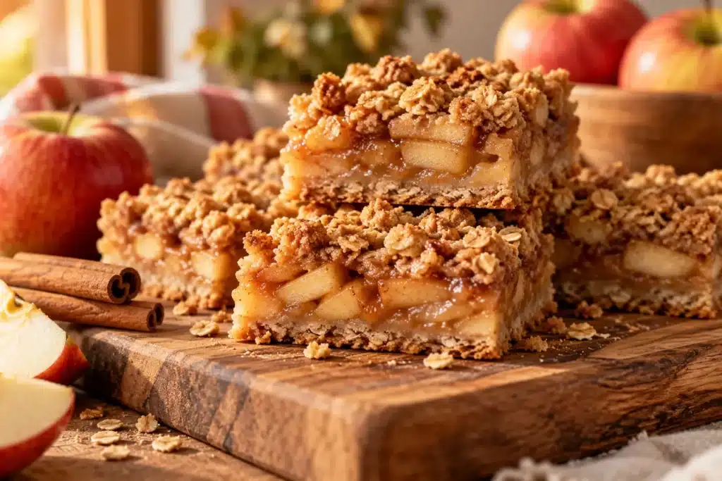 Stack of cinnamon apple crisp bars with golden streusel topping on a wooden board