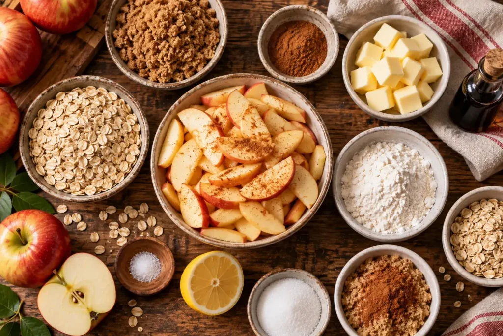 Flat lay of ingredients for cinnamon apple crisp bars including apples, cinnamon, oats, and butter
