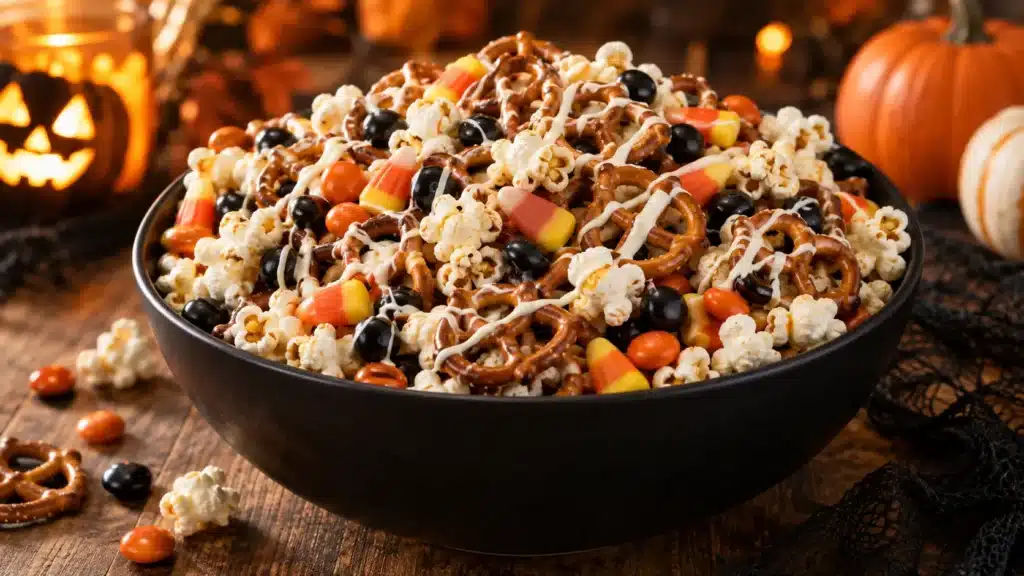 Close-up of finished halloween snack mix served in a decorative bowl