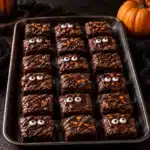 A full tray of decorated Halloween Brownie Bites styled for a Halloween party