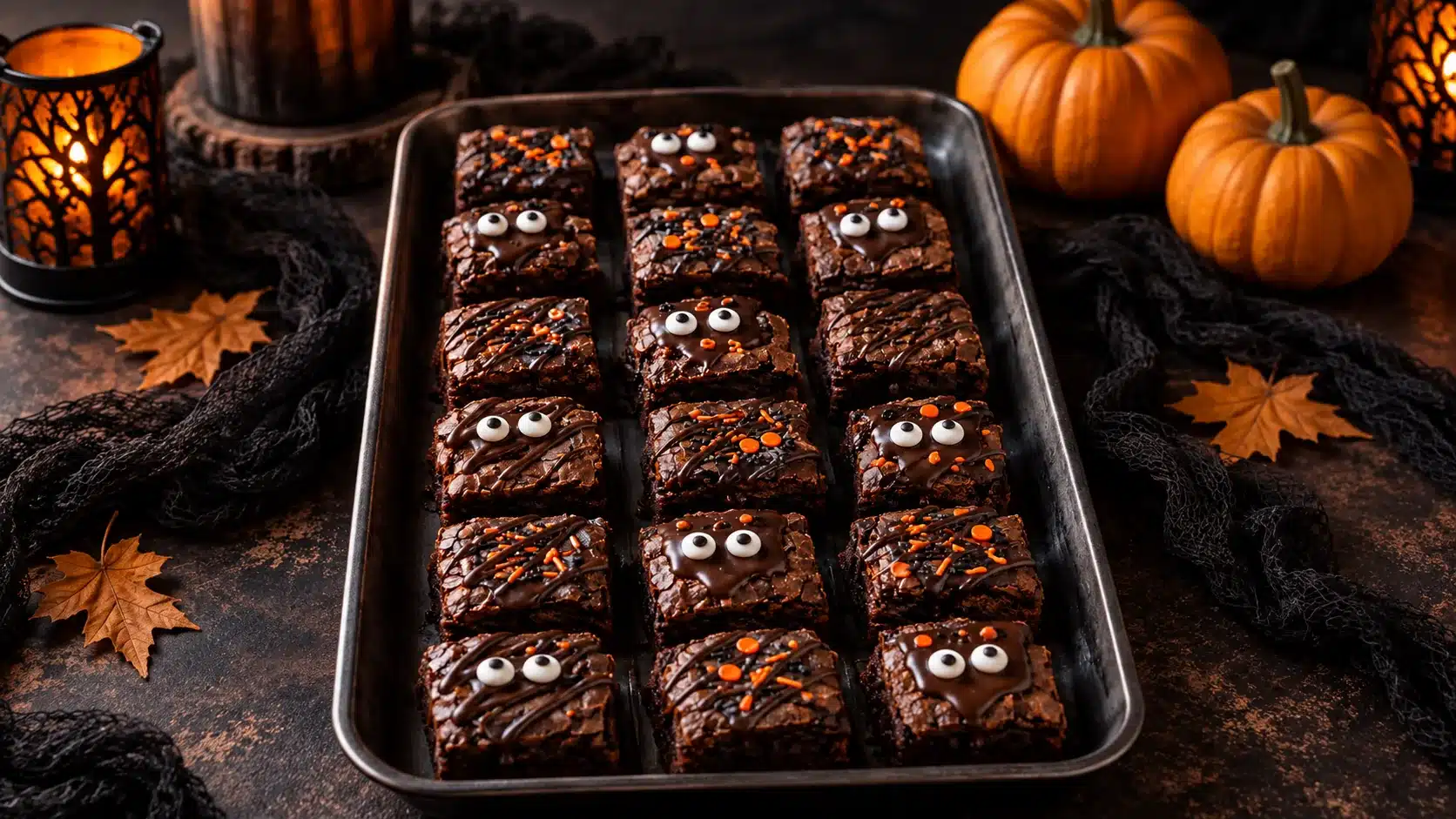 A full tray of decorated Halloween Brownie Bites styled for a Halloween party