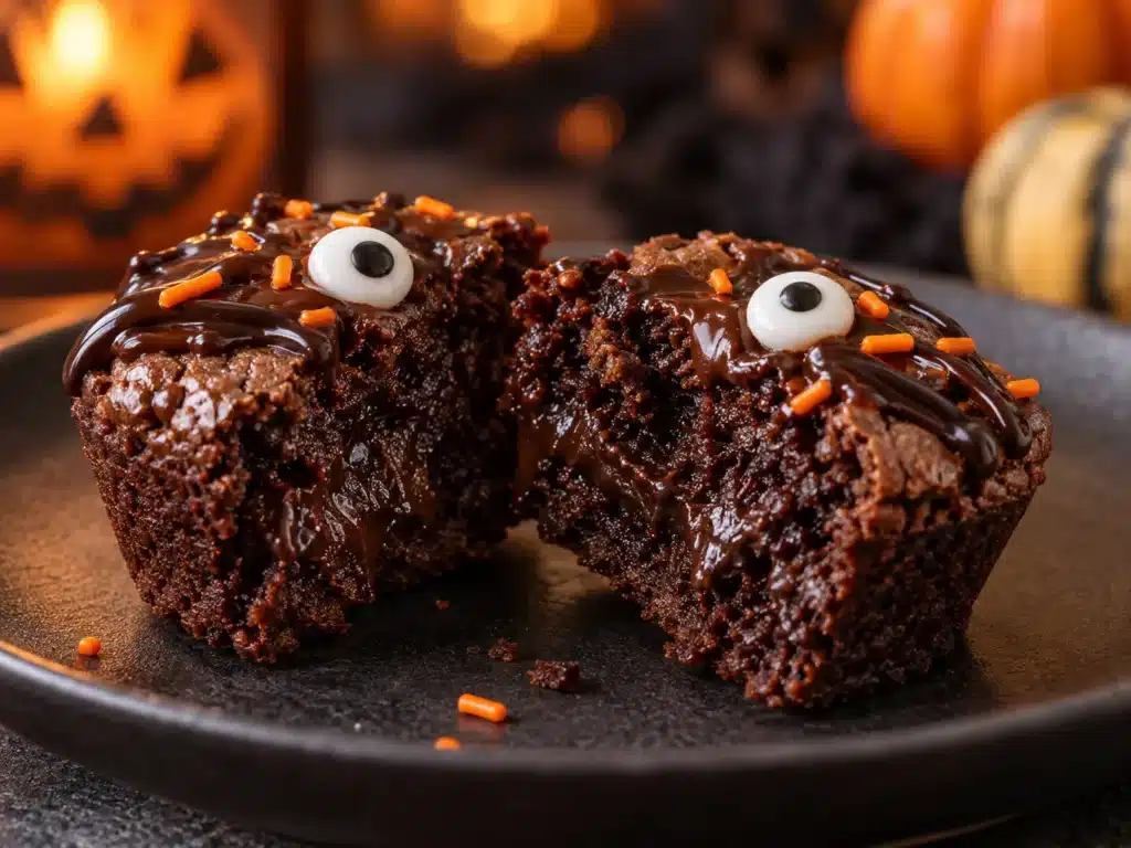 A finished Halloween Brownie Bite broken in half showing a fudgy center