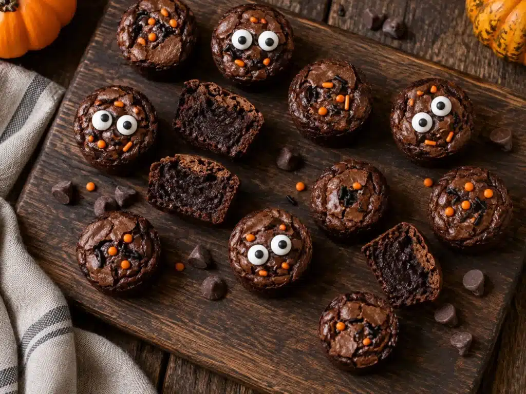 Halloween Brownie Bites arranged on a wooden board with candy eyes and sprinkles