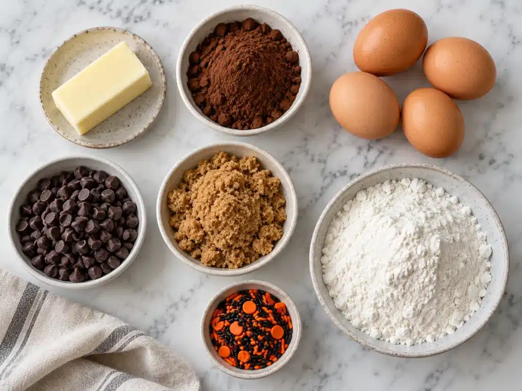 Ingredients for Halloween Brownie Bites laid out on a marble countertop