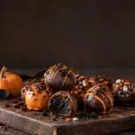 Halloween Oreo truffles styled on a wooden board with Halloween decorations
