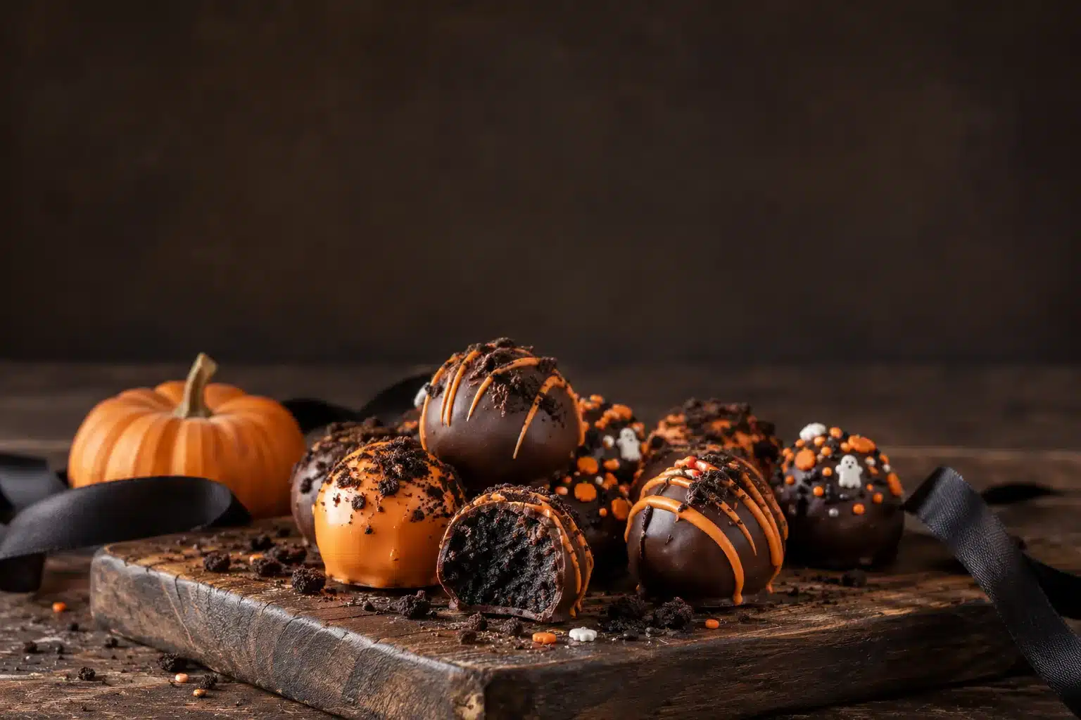 Halloween Oreo truffles styled on a wooden board with Halloween decorations