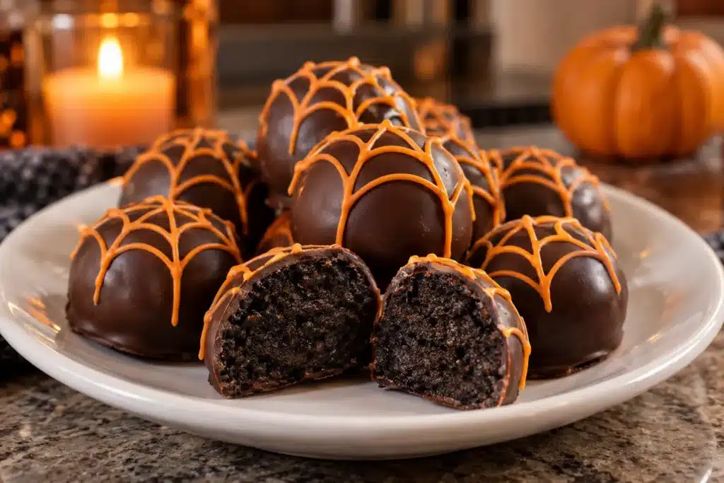 Halloween Oreo truffles sliced in half showing the creamy filling and chocolate shell