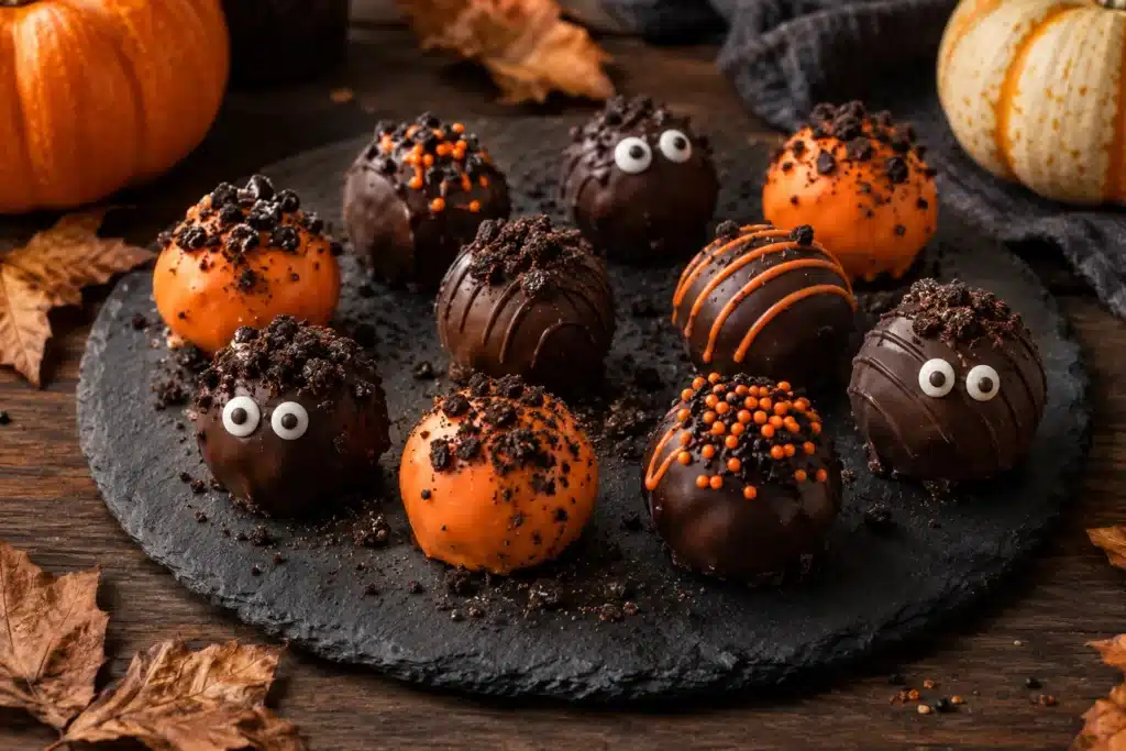 Halloween Oreo truffles on a black platter with orange and black chocolate coating