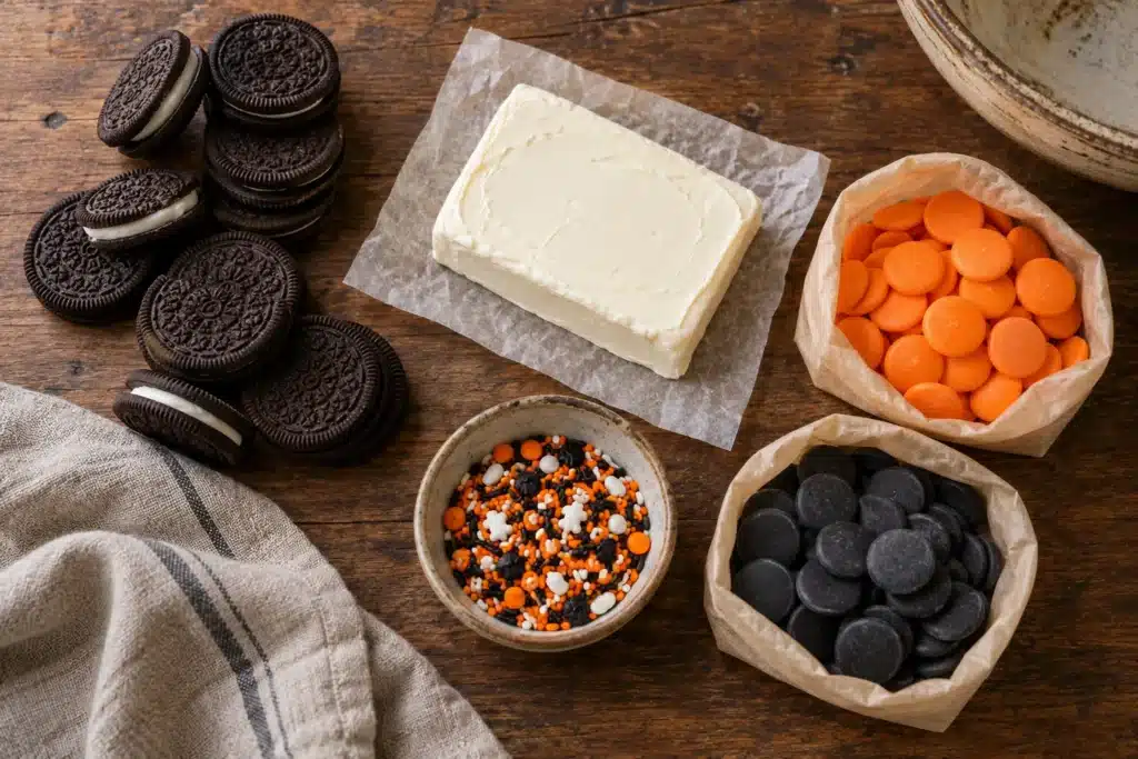 Ingredients for Halloween Oreo truffles including Oreos, cream cheese, and candy melts