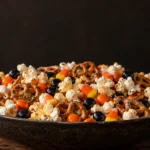Halloween snack mix recipe featured image with candy and popcorn