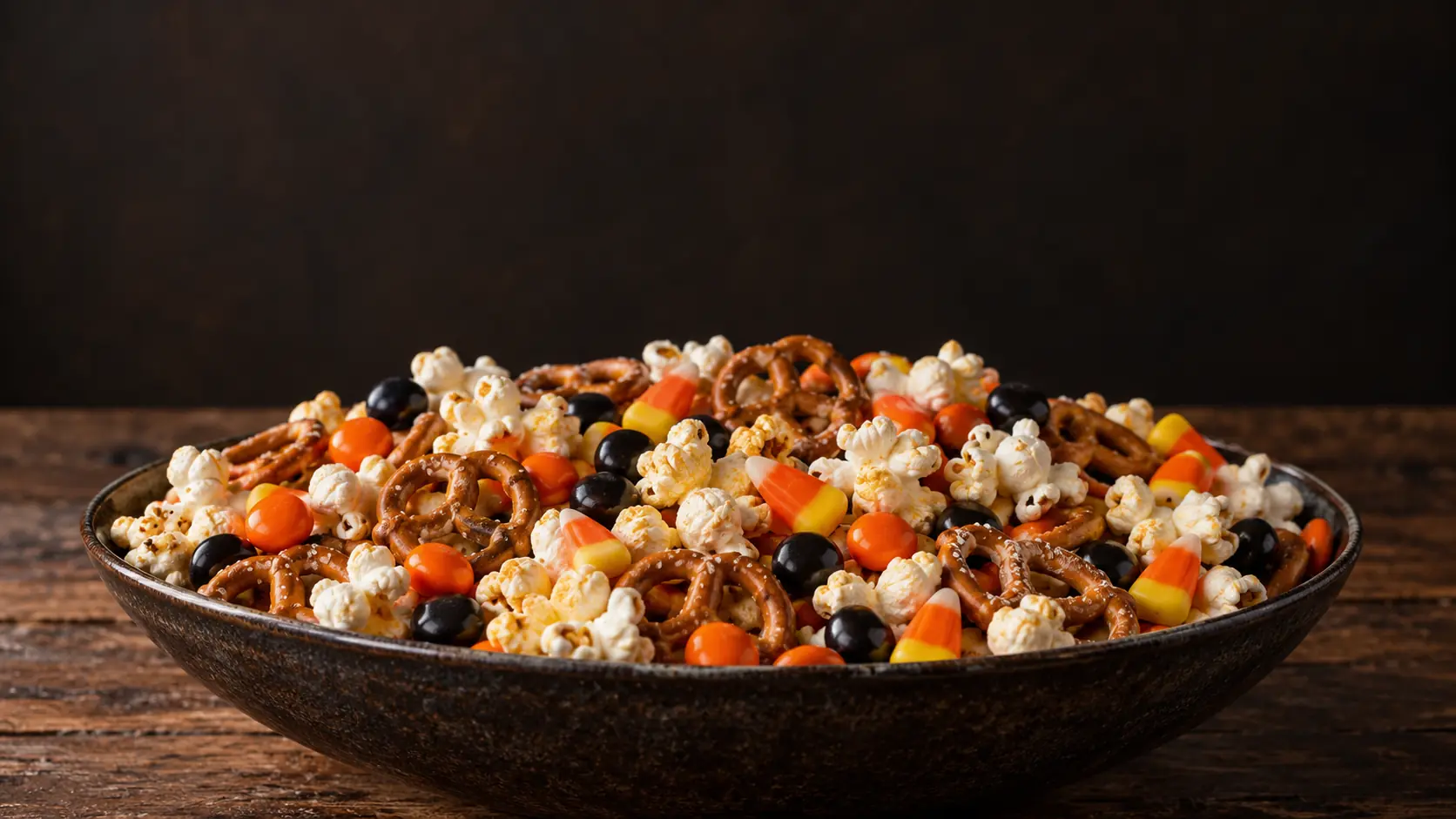 Halloween snack mix recipe featured image with candy and popcorn