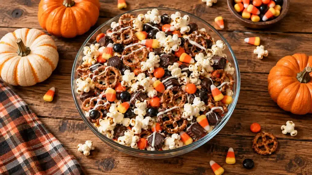 Halloween snack mix in a glass bowl with candy corn, pretzels, and popcorn