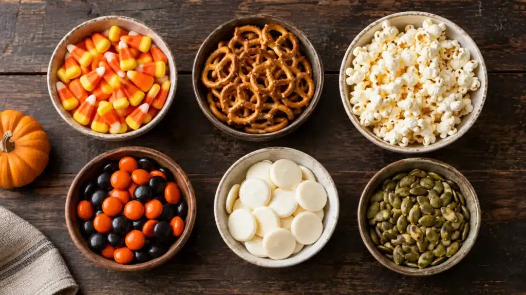 Ingredients for halloween snack mix including candy corn, pretzels, and popcorn